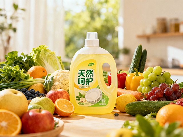 清新自然的厨房场景，水彩风与轻拟物设计融合，果蔬环绕天然呵护洗洁精，传递清爽舒适感，实景感十足，突出健康生活理念。