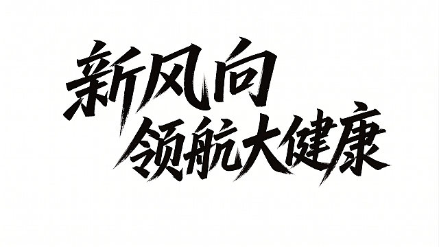 参考上传图片的字体结构、版面和排版保持不变，参考原图的书法笔触风格，仅将文字内容修改为“全新风向 领航大健康”，保持干净纯白色背景，黑色粗毛笔书法字体，笔触粗细对比明显，笔画末端锐利斜切，字体整体略带倾斜动感，文字分两行排列，保持字体结构可识别，文字整体必须完整呈现在画面内不可被裁切，四周留有安全边距，画面中只能出现这六个字："全新风向 领航大健康"，不得增加、遗漏或替换任何一个字