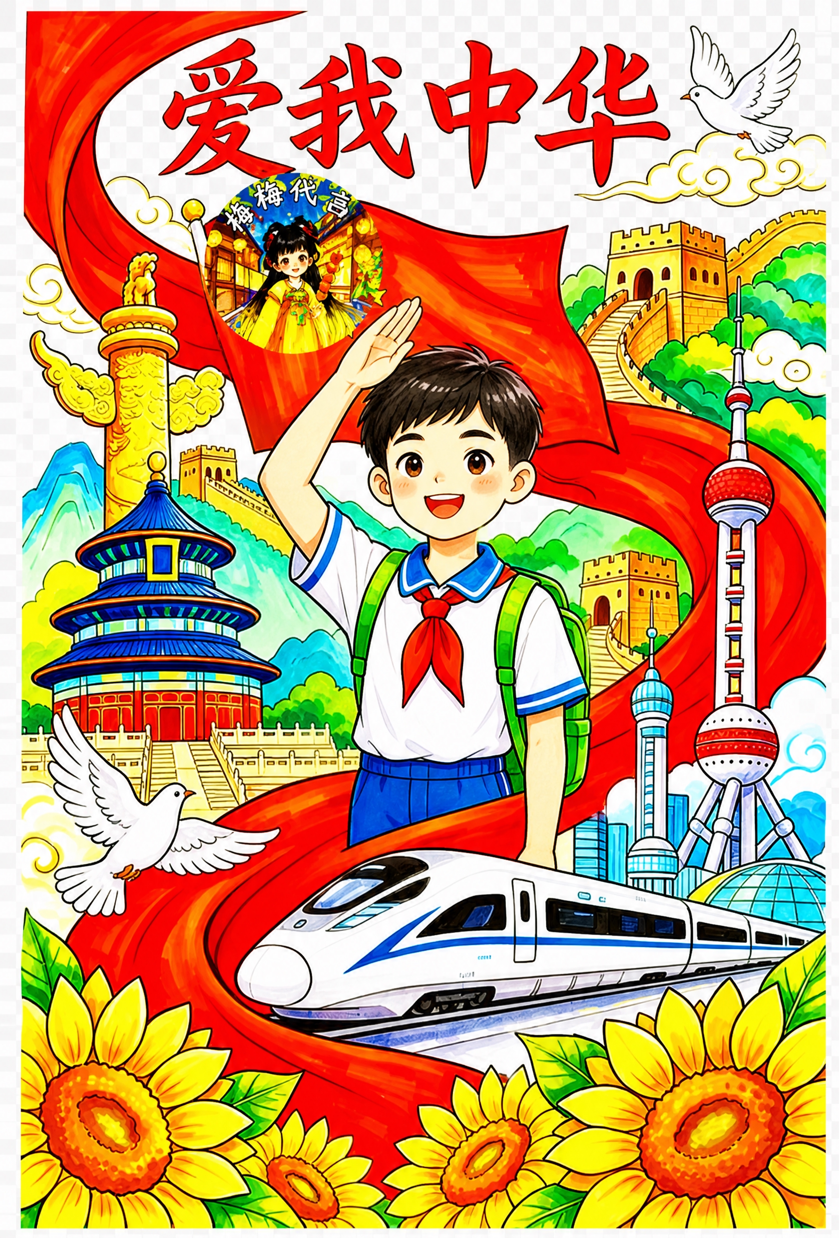 将图中拿旗帜的女孩替换为男孩，男孩穿着和女孩一样的白色短袖衬衫… - 图片创意预览