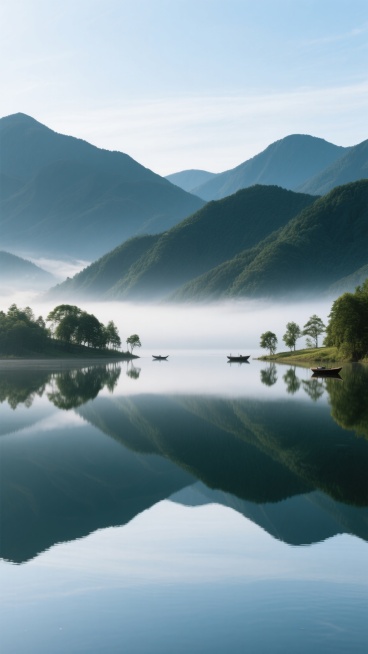 写实摄影风格的山水风景照，清澈平静的湖面倒映着连绵起伏的墨绿色山脉，山间弥漫着淡淡的薄雾，湖边点缀着零星的树木和小船，远处天空呈现出柔和的浅蓝色，整体画面光影柔和，色彩和谐，营造出宁静致远的氛围，构图采用对称美学，山水倒影形成完美对称，细节清晰，质感真实，具有极高的风景摄影水准。预览效果