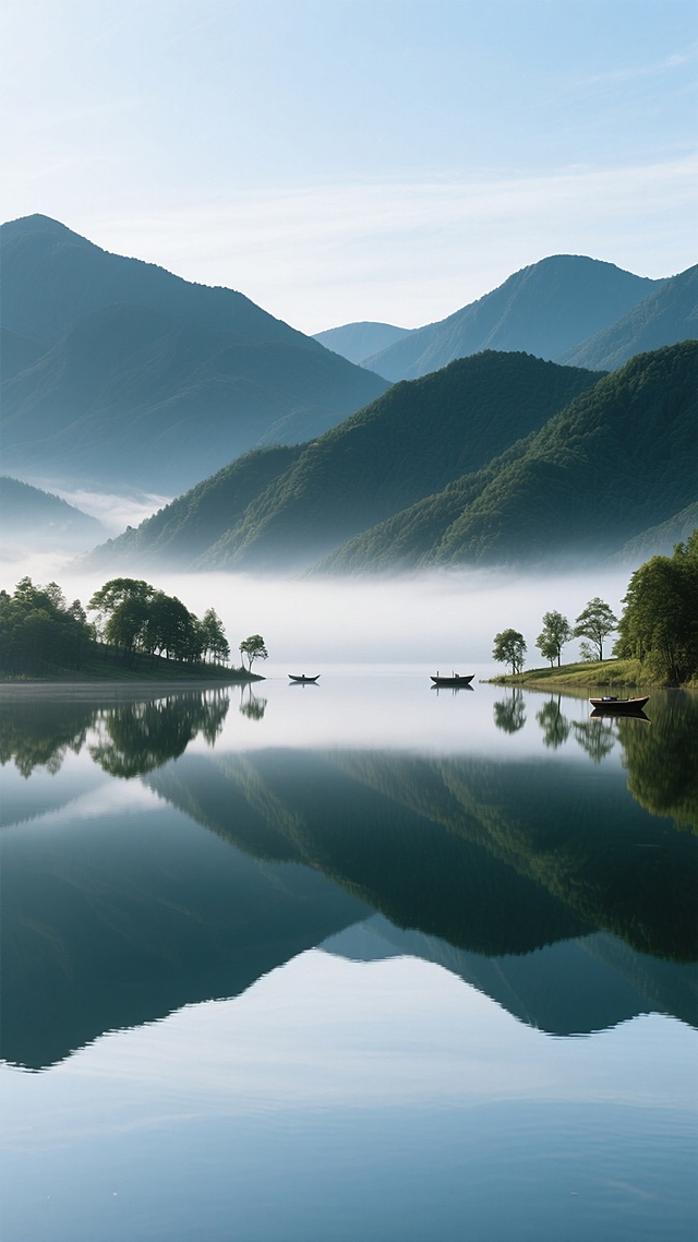 写实摄影风格的山水风景照，清澈平静的湖面倒映着连绵起伏的墨绿色山脉，山间弥漫着淡淡的薄雾，湖边点缀着零星的树木和小船，远处天空呈现出柔和的浅蓝色，整体画面光影柔和，色彩和谐，营造出宁静致远的氛围，构图采用对称美学，山水倒影形成完美对称，细节清晰，质感真实，具有极高的风景摄影水准。