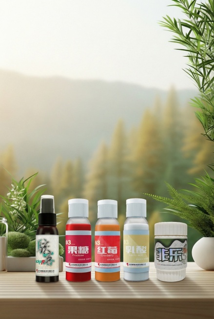 将第二张图里的五瓶钓鱼小药产品放在第一张图的木质桌面居中位置，保持产品清晰不变形，整体是自然清新的摄影作品，保留第一张图的绿植和山林背景预览效果
