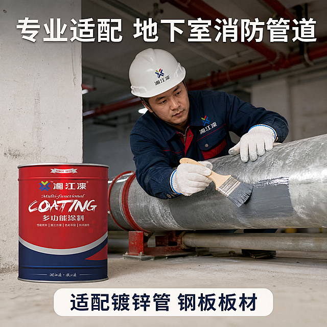 [主图-5] 消防管道施工现场应用展示。氛围风格：真实工程场景，专业可信。画质：真实摄影质感，高清清晰，色彩自然。元素：湘江涂料桶放置在施工现场角落，中景是正在涂刷底漆的镀锌消防管道，工人戴手套刷涂示范。保持产品外观与原图一致，产品清晰不被遮挡。光影：工地室内自然光，明亮均匀，阴影自然。文字版式：顶部大标题 "专业适配 地下室消防管道"，底部标注 "适配镀锌管 钢板板材"，文字浅色清晰不遮挡场景。比例分辨率：1:1 比例，4k 分辨率。负向提示词：变形，水印，文字错乱，背景杂乱，人物面部模糊。