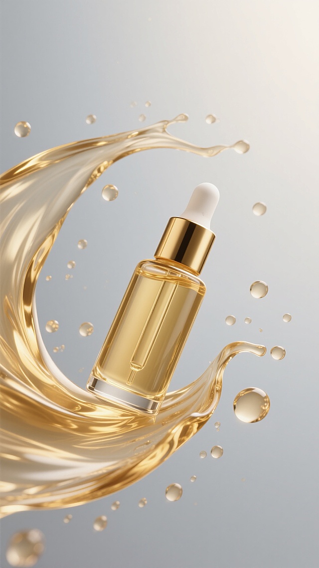 高写实3D渲染，金色透明精华液以优雅弧线动态飞溅，液体表面呈现细腻光泽与流动纹理，周围散布大小不一的圆润水珠，纯净浅灰色背景凸显精华液的奢华质感，柔和顶光塑造清晰高光与自然阴影，整体画面展现精华液的轻盈、滋养与活力感，无文字及装饰元素干扰。