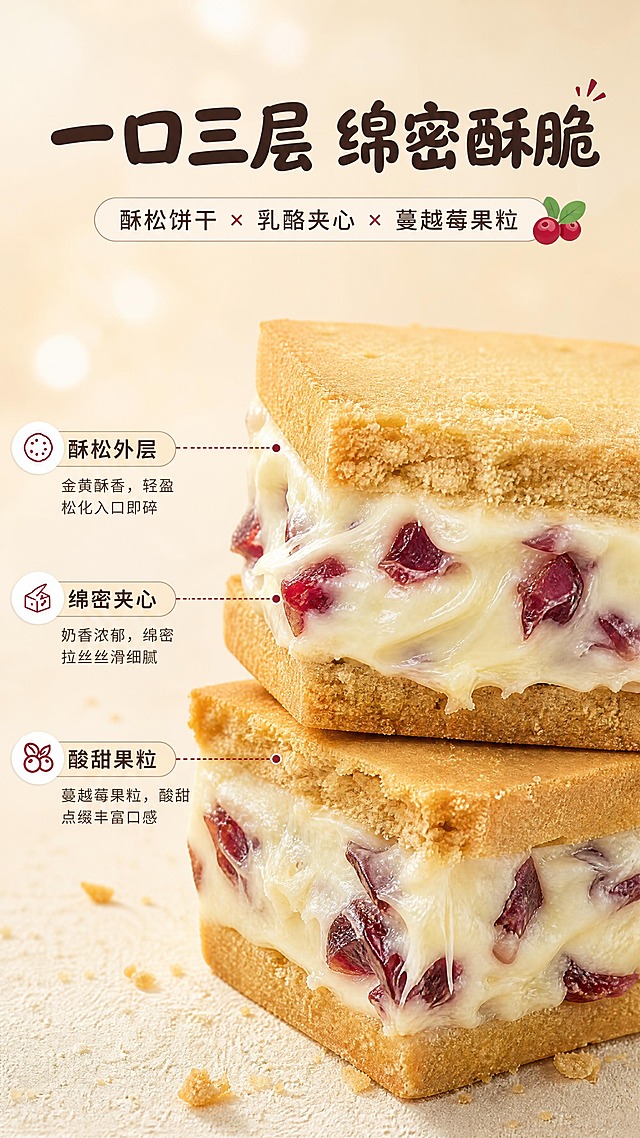 [商品] 使用【图2】蔓越莓乳酪夹心西饼；保留方形酥饼、厚乳酪夹心、蔓越莓颗粒分布；增强夹心绵密拉丝感和饼干酥松层次，不改变产品结构。
[画面] 口感质地特写页，剖面微距+层次对比型。画面主体为两块叠放的夹心西饼特写，占画面约70%，聚焦展示三层结构：上下酥松金黄饼干层、中间绵密奶白乳酪层、嵌在乳酪中的紫红蔓越莓颗粒。夹心有微微溢出的绵密质感，饼干边缘有酥松碎屑感。背景为浅米色虚化，突出主体质地。
[视觉] 套系策略：风格=温馨治愈零食糕点商业摄影风；标题字=圆润粗黑体，略带手写亲和力；正文字=简洁无衬线体；主色=奶杏米白；背景延展=基于奶杏米白做深浅渐变、柔焦光斑与细腻粉质桌面质感；强调色=蔓越莓酒红，仅用于小面积图标、引线和标签点缀；标题色=深棕咖色；正文色=暖棕灰色；组件=圆角浅底信息卡、细线引线、小图标点缀；光影=左前侧暖柔光，夹心处有柔和高光。
[文字] 上方主标题"一口三层 绵密酥脆"，副标题"酥松饼干 × 乳酪夹心 × 蔓越莓果粒"。画面侧边用引线标注三层口感分别的特点：酥松外层、绵密夹心、酸甜果粒。文字横向排版，字号适中，不遮挡夹心核心展示区。
[规格] 图片比例9:16竖版，4K分辨率，负向提示：避免变形、错字、文字过小、冷蓝灰背景、产品颜色改变、夹心质感假、绝对化用语。