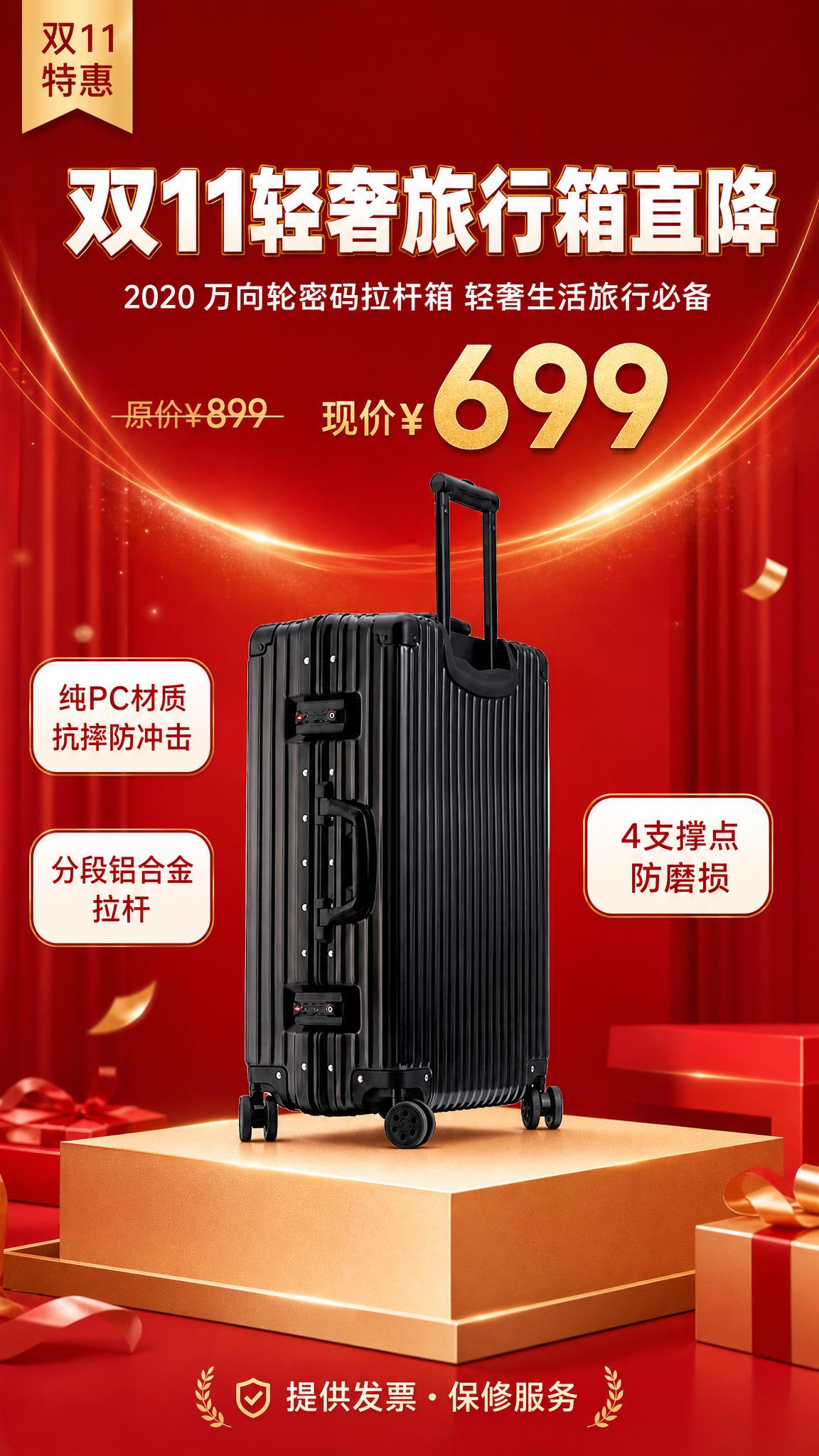 双11轻奢旅行箱促销海报，竖版9:16，写实商业摄影风格，红色… - 图片创意预览