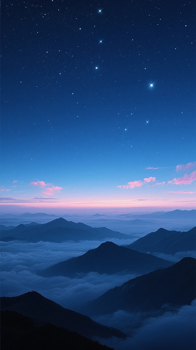 深邃幽蓝渐变夜空，布满无数闪烁的星星，呈现出从深蓝到浅蓝的自然过渡，地平线处有淡淡的霞光和少量粉色云彩，下方是被云海环绕的层叠山峦剪影，整体营造出宁静、神秘而壮丽的氛围，高清数字艺术风格，细腻的光影处理，无文字和标识。