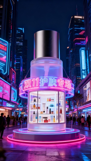 以科技感繁华街区为背景，中央是图中主体巨大化，主体倍放置在霓虹展台上，主体瓶身内设计成橱窗形式，无LOGO，瓶身内展示着各类护肤品。瓶身上挂着塑料霓虹灯牌效果“双11 护肤专场”。预览效果