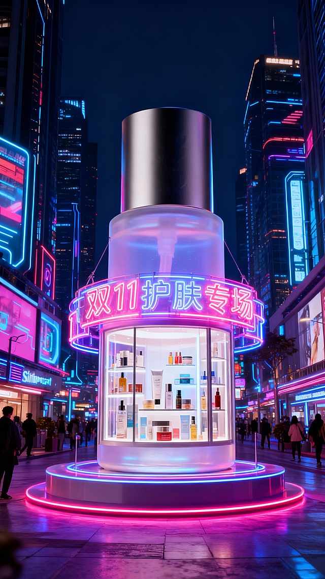 以科技感繁华街区为背景，中央是图中主体巨大化，主体倍放置在霓虹展台上，主体瓶身内设计成橱窗形式，无LOGO，瓶身内展示着各类护肤品。瓶身上挂着塑料霓虹灯牌效果“双11 护肤专场”。