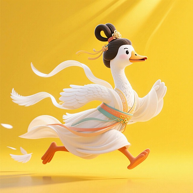 （嫦娥服饰和发型）的拟人化鹅形象在奔跑，动态感强。黄色背景