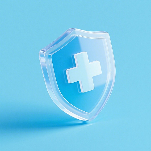 系统权限管理图标，盾牌加十字样式，弱玻璃质感，浅蓝渐变磨砂风格，低透明度玻璃效果，浅蓝色背景