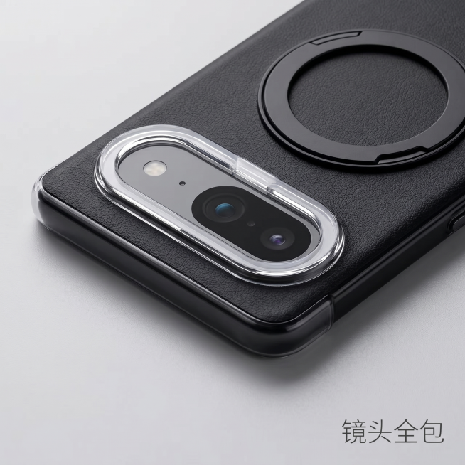 「图片1」「图片1」「图片1」第 1 屏（首屏视觉・抓眼）
视觉要求：
拍摄角度：45° 斜侧手持，同时展示橙 / 银 / 棕 / 黑四色手机壳（黑壳在前，其余三色叠在后方），手指轻触黑色壳的旋转支架预览效果