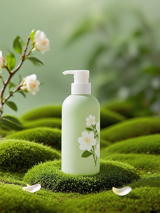 主体置于绿色起伏错落的青苔上，背景虚化绿植，底部散落花瓣，光影效果，左侧伸出山茶花花枝