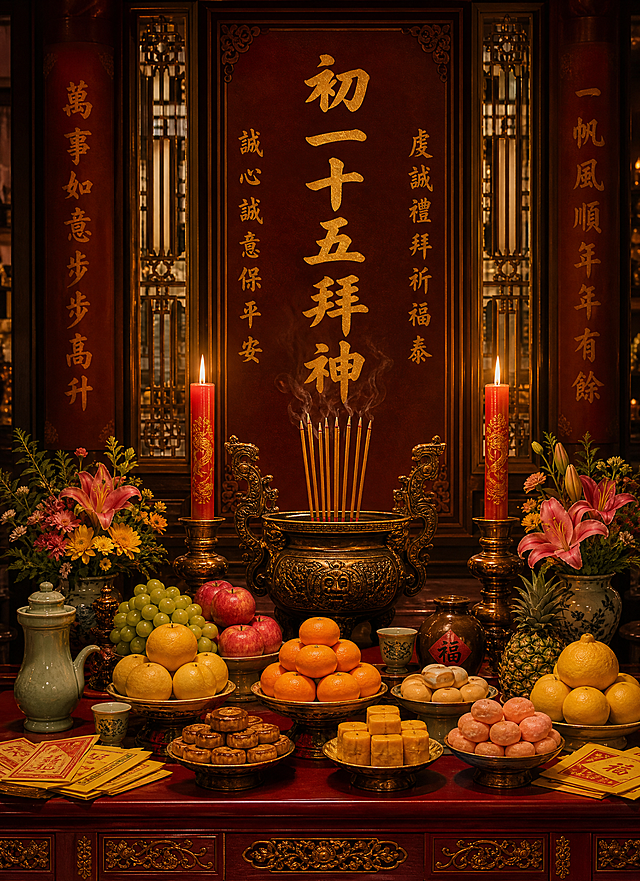 主题初一十五拜神，使用传统祭祀实物素材，包含香炉、香烛、贡品等中式拜神物品，整体氛围庄严肃穆，传统中式风格，图上不要出现AI水印