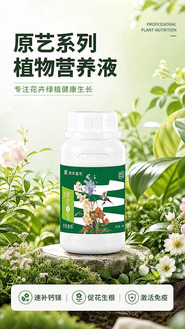使用商品详情页技能根据商品图「图片1」生成1套详情页，参考图为「图片1」「图片1」「图片1」「图片1」「图片1」「图片1」「图片1」「图片1」「图片1」，商品名称为 ，卖点为使用商品场景图技能生成5张比例9:16的场景图，商品为，参考图为，参考相似度为80%，其他要求为按照参考图生成图片，产品介绍原艺④号 花居美翠®NMC 中量元素水溶肥 酶解多肽螯合钙镁 黄叶转绿、加速生长、速补钙镁、 逆境修复、预防弯头、憨包花 生长期、缺素期 原艺Ⓧ号 花居墨翠®花卉开花生根液 有机水溶肥 泡叶藻提取物+ 小分子改性腐殖酸 生根抗逆、促花保果、快速膨大、 提升免疫力 全生育期 原艺Ⓨ号 花居云翠®生物免疫激活剂 含氨基酸 微量元素水溶肥 酶解改性多肽+ 17种氨基酸+微量元素 精准调控、逆境修复、快速生长 保花保果 全生育期，这是我们所有产品的介绍，你可以按这个来，适配平台为抖音/快手，图片比例为9:16，需求屏数为8张，其他要求为所有的图片只写卖点，不放具体得产品，然后产品的配图必须是真实的绿植，配色好看鲜艳。不要有错别字，所有的图片能适配不同的产品。你参照参考图来复刻。