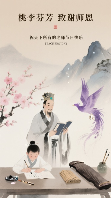 中国风教师节主题插画，米色背景， 搭配盛开的粉色桃花枝。画面中央有古代师生场景：戴冠长袍的老师手持书卷，孩童伏案书写。右侧有紫色凤凰、水墨山峦、古琴、竹简和毛笔等元素，整体风格典雅古朴，充满文化底蕴，预览效果