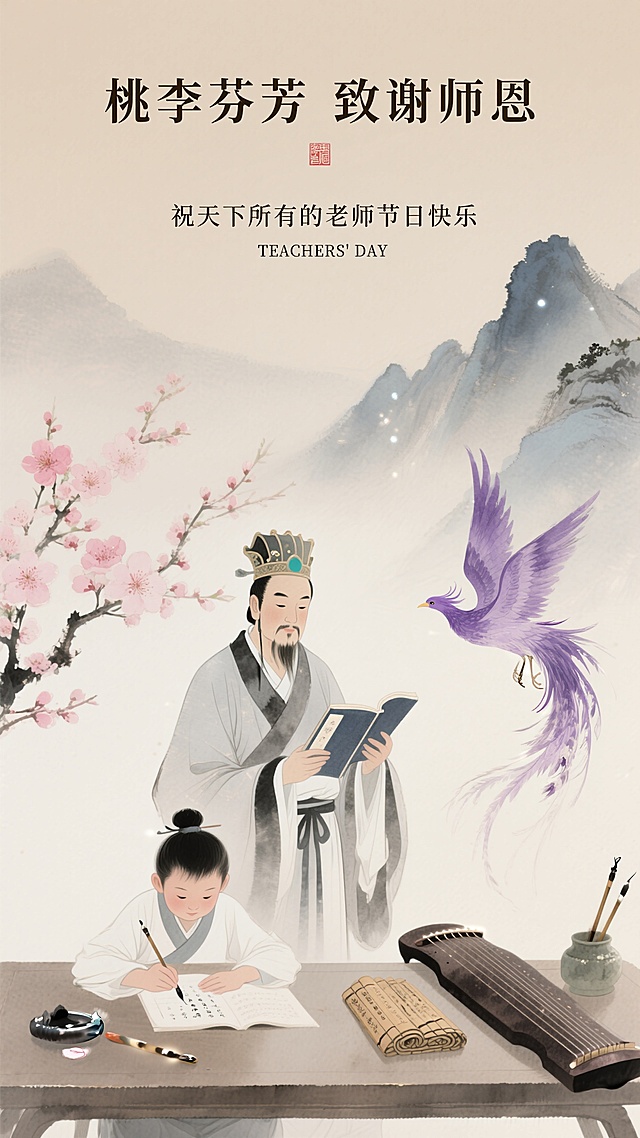 中国风教师节主题插画 古代师生场景