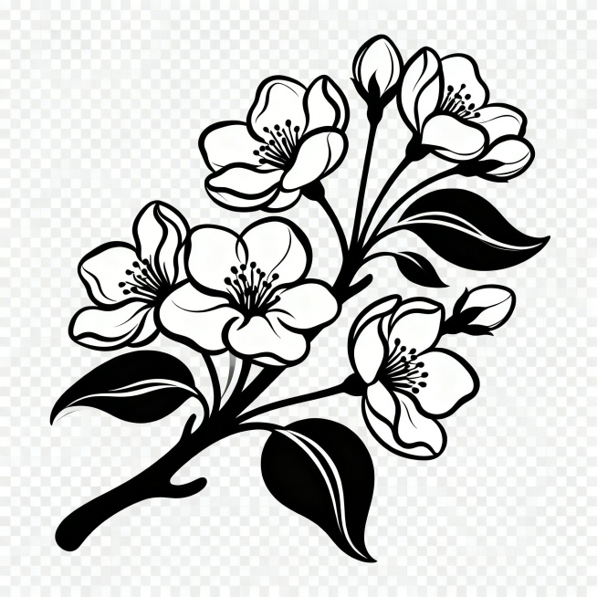 矢量风格的梨花图案，线条简洁流畅，造型优美，背景透明，适合作为设计素材使用预览效果