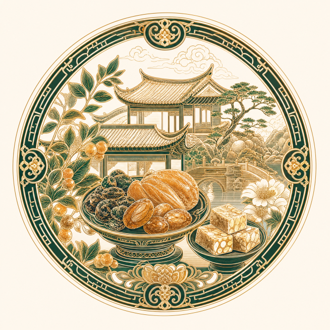 线描风格logo，无任何文字，精细繁复的线条，圆形边框，整体采用深翠绿+金色+米白渐变配色，设计主题为古代传统零食蜜饯、酥糖搭配中式古建筑，适用于微信公众号，背景米白色，线条繁复精细流畅预览效果