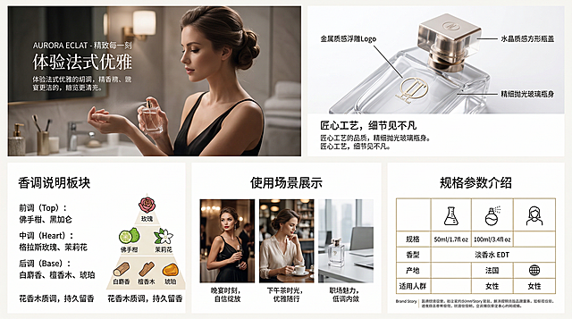 亚马逊香水详情页套图，包含产品细节特写、使用场景展示、香调说明板块、规格参数介绍，风格简约高级，信息清晰，符合亚马逊A+页面设计规范，整体视觉统一