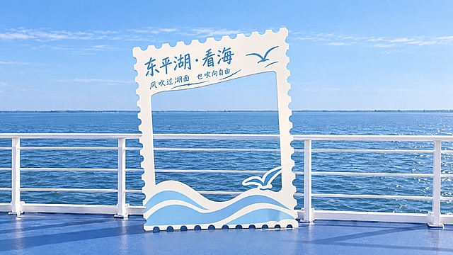 参考图中打卡牌设计风格，生成第一个东平湖看海主题镂空打卡牌：延伸造型为简约邮票异形（简化版），PVC板材质，单人尺寸适中，文旅风简约大气治愈，不花哨。主文字"东平湖·看海"，辅助小字"风吹过湖面 也吹向自由"，装饰极简：底部一道水波纹+一只线条海鸥，配色：雾霾蓝+奶白，干净高级。背景为游船甲板白色栏杆+辽阔东平湖湖面，晴朗蓝天，湖面开阔无大桥，打卡牌立在甲板临栏杆处，真实自然，透视准确，光影柔和，高清2K