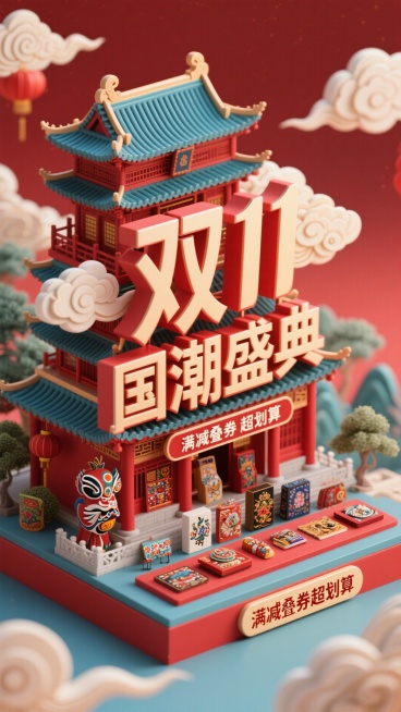 以国潮风为基调，主色调采用中国红与靛青搭配，画面呈现古典楼宇造型，楼宇上有 “双 11 国潮盛典” 字样，搭配祥云等元素，下方展示非遗文创类商品，标注“满减叠券超划算”，不要再有其他字。预览效果