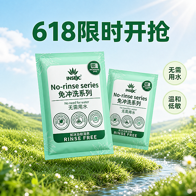 [单张主图] 免冲洗清洁湿巾 高级氛围感双主体主图 清新户外草地风电商3D主图
[参考比对] 用户要求左右排版，两个产品悬浮于草地上方，前后错落
[画面主体] 两个同款INSEC免冲洗清洁湿巾包装，前后错落悬浮在绿色草坡上方，保持产品外观、颜色、品牌Logo、包装文字与输入产品图绝对一致，杜绝任何变形和色差，精细化3D处理，商品主体占比约60%
[构图版式] 双主体清爽背书型，两个产品主体前后错落，主体占画面60%，背景为蓝天白云绿色草坡户外场景，顶部留白放置主标题，侧边放置卖点标签
[场景元素] 背景是蓝天白云，下方是明亮柔软的绿色草坡，草坡带有露水高光和细碎小野花，画面加入清澈水流弧线，阳光从右上方洒下，添加阳光光束和轻微镜头光晕，整体自然清爽干净，充满夏日户外感，画面留有充足留白
[文案版式] 顶部居中主标题“618限时开抢”，深绿色粗体大字，右侧两个圆形浅绿色小卖点标签，分别写有“无需用水”和“温和低敏”，文字清晰可读不遮挡产品，排版精美
[光影质感] 主阳光从右上方斜洒下来，形成清晰柔和的方向性光影，草坡和产品带有自然投影，露水和花瓣带有柔和高光，整体光线明亮通透，自然清新，带有轻微镜头光晕效果，商业摄影质感，产品清晰真实，画面干净高级
[配色字体] 主色调自然清新绿色和白色，辅助色浅蓝色天空，字色深绿与背景形成强对比，字体为无衬线粗体，主标题大，卖点标签小，层次分明
[比例分辨率] 1:1比例，2048x2048像素，2k分辨率，文字清晰可辨
[负向提示词] 变形，水印，错字，糊字，伪Logo，主体遮挡，背景杂乱，低清晰度，错误结构，文字模糊