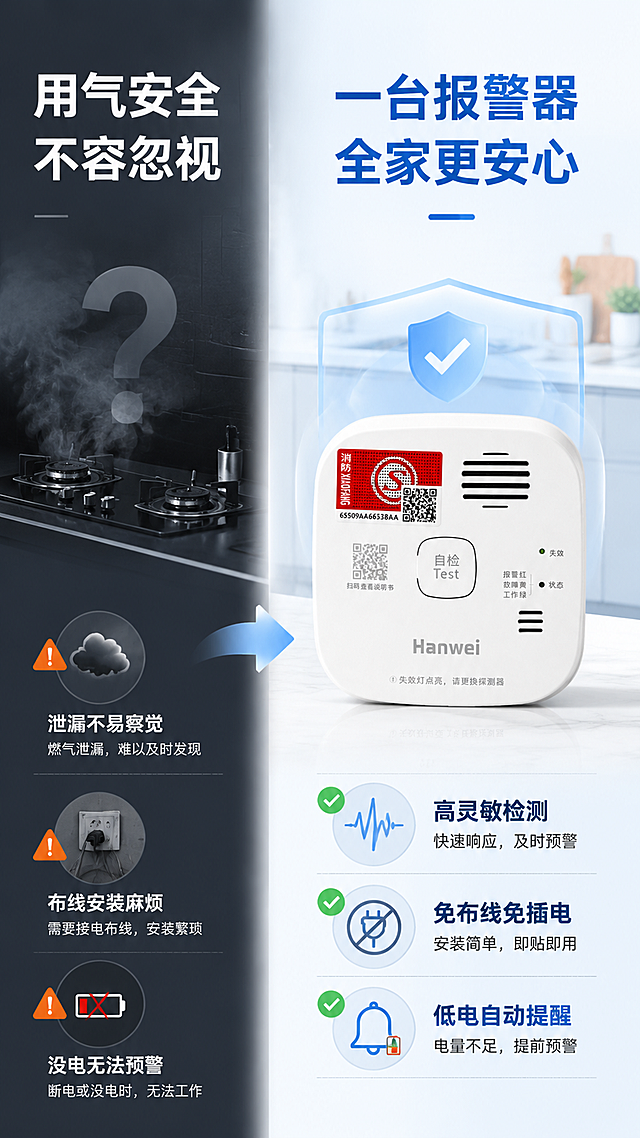 [第2张] 详情页痛点对比页-燃气安全隐患与解决方案。本张使用【图1】作为右侧解决方案产品展示。
[氛围/风格] 对比说明风，左暗右明，专业理性，商业摄影质感。
[元素布局] 左右分栏布局，左侧约45%为深灰色调问题区：有厨房燃气灶剪影、问号图标、三个问题图标（烟雾/插头/电池），表现日常用气安全隐患；右侧约55%为明亮蓝色调解决区：产品正面居中放置，周围有绿色对勾图标和安全盾牌图形，背景为整洁厨房场景；产品外观结构与输入图完全一致。
[光影质感] 左侧低光冷调营造问题氛围，右侧明亮柔光突出安心感，中间有渐变过渡。
[配色色系] 全局底色左半 #2C3E50 深灰蓝，右半 #EBF5FB 浅蓝白；主色白色产品+蓝色安全元素；辅助色绿色对勾标识、橙色警示小图标。
[视角构图] 左右对比构图，中间有箭头连接，阅读动线从左问题 → 右解决方案。
[文字版式] 左侧顶部标题「用气安全 不容忽视」，下方三个问题点：「泄漏不易察觉」「布线安装麻烦」「没电无法预警」，每项配简约图标；右侧顶部标题「一台报警器 全家更安心」，下方对应三个解决点：「高灵敏检测」「免布线免插电」「低电自动提醒」；黑体字，层级分明，文字清晰可读。
[比例分辨率] 9:16 竖版比例，4K 分辨率，文字清晰可辨，高清画质。
[负向提示词] 产品变形，缺件错件，颜色偏差，水印，文字错乱，产品图模糊，恐怖画面，二维码。