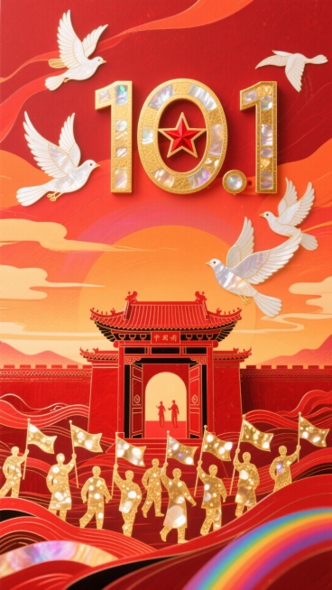 从暖红色到橙色渐变的绚丽背景，好似绚烂晚霞铺满画面。画面中央焦点是巨大的金色 “10.1” 数字，数字线条流畅，散发着耀眼光芒。其中 “0” 里镶嵌着一颗鲜艳的红色星星，
围绕着金色数字，白鸽优雅地展预览效果