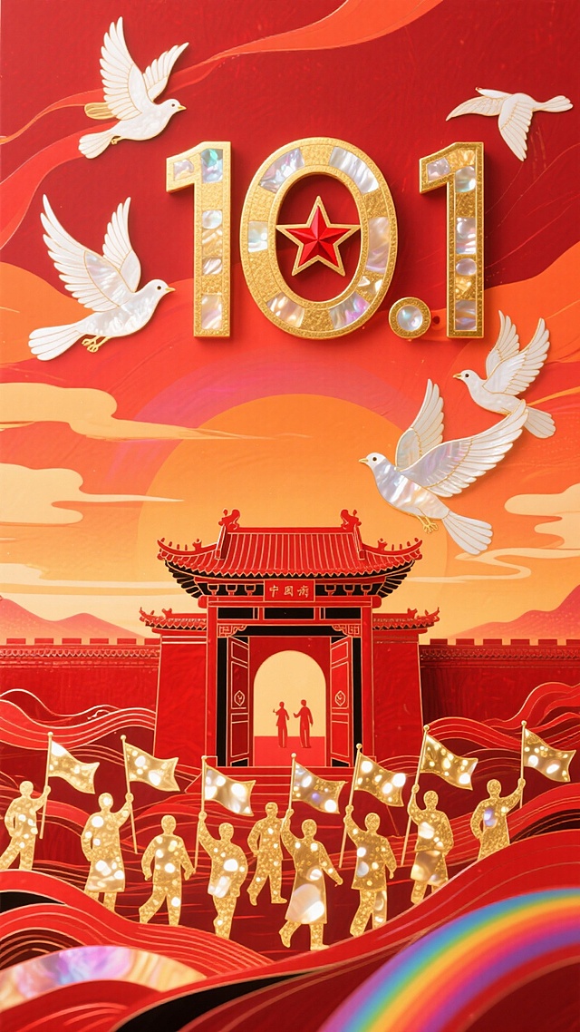 国潮风插画，鎏金剪影人物手持红旗，祥云与白鸽环绕“10.1”浮雕数字，中式城楼映衬朝阳，喜庆热烈，彰显民族自豪与政务庄严。