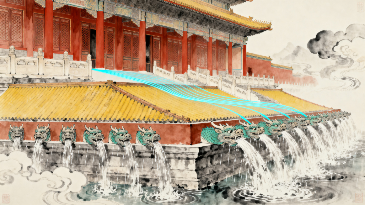 国风工笔淡彩水墨风格，主色调朱红、明黄、青灰、赭石。故宫中轴线布局排水科普示意图，淡蓝色动态线条标注科学排水坡度，三层须弥座台基结构拆解，千余只螭首整齐伸出排水，动态演示大雨天气千龙吐水壮观奇观，背景预览效果