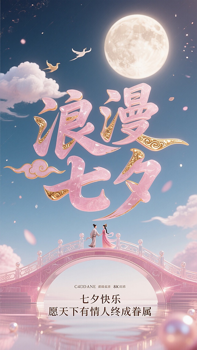 海报设计，粉色海报设计风格，立体汉字"浪漫七夕"以行云流水的连笔书法呈现浮雕造型，仿和田玉材质透出温润光泽，笔划边缘包裹24K金箔祥云纹路，居中正视图，对称仰视构图，背景是圆圆的月亮映衬着牛序和织女鹊桥相会的场影，前景设置一朵朵白云飘向天空，添加粒子光效与动态模糊技术，底部设置珠光白渐变区域标注"七夕快乐，愿天下有情人钟成眷属"，运用C4D雕刻多层立体字结构，Octane渲染器实现金属反光