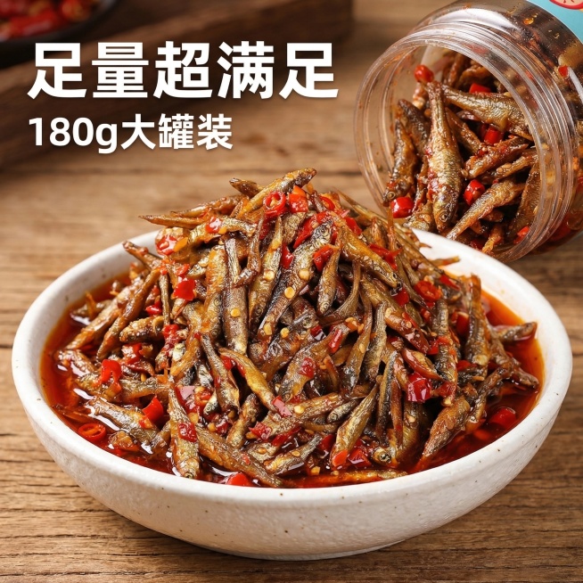 [主图主题]农家柴火鱼主图4
[氛围/风格]写实食欲风，暖调自然光，突出分量足
[画面元素]白色粗陶碗里满满堆叠着柴火鱼干，堆成小山状，红辣椒点缀其中，红油浸满碗底，旁边露出半罐打开的柴火鱼罐头，背景预览效果