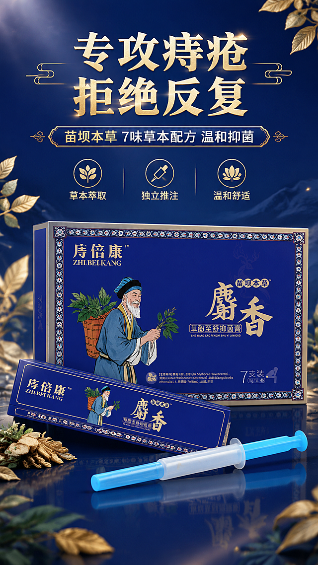 [商品] 使用【图3】庤倍康麝香草本抑菌膏外包装盒、【图2】单支装内盒、【图1】推注器；保留深蓝色主色、金色字体、老中医采药插画、民族花纹边框、"庤倍康""苗坝本草""麝香草酚至舒抑菌膏""7支装 3g/支外"等所有包装文字与图案；产品处理：清晰化包装文字，统一光影，去除原图倒影与瑕疵，保持产品结构比例真实。
[画面] 头图海报，目标建立专业草本痔疮护理第一印象；上下构图，上方30%为标题区，下方70%为产品展示区；产品全家福呈三角错落摆放：外盒【图3】居中靠后为主视觉，内盒【图2】斜放左前方，推注器【图1】横放右前方，三支产品形成层次；产品占画面60%；背景为深蓝色渐变，点缀金色草本叶片纹理与微光粒子，底部有柔和台面倒影；阅读动线从上至下。
[视觉] 套系策略：风格=中式草本专业医疗风，国潮与现代医疗感结合；标题字=粗黑体+宋体衬线结合，厚重有力；正文字=简洁无衬线黑体；主色=藏青深蓝（取自包装盒）；背景延展=基于藏青深蓝做深浅渐变、同色系层次、金色纹理点缀；强调色=烫金金色，仅用于小面积图标、引线、标签和装饰线条；标题色=金色/米白色；正文色=浅米白/淡金色；组件=金色细线边框、圆角深蓝信息卡、草本图标；光影=顶部柔和主光+金色轮廓光，产品立体感强。
[文字] 顶部居中主标题「专攻痔疮 拒绝反复」，副标题「苗坝本草 7味草本配方 温和抑菌」，下方3个小卖点图标+文字「草本萃取」「独立推注」「温和舒适」；文字不遮挡产品主体与包装关键文字。
[规格] 淘宝/天猫详情页，单屏比例9:16竖版，4K分辨率，负向提示：避免变形、错字、文字过小、低俗擦边、医疗功效承诺、绝对化用语、白底、产品颜色改变、包装文字错乱。
