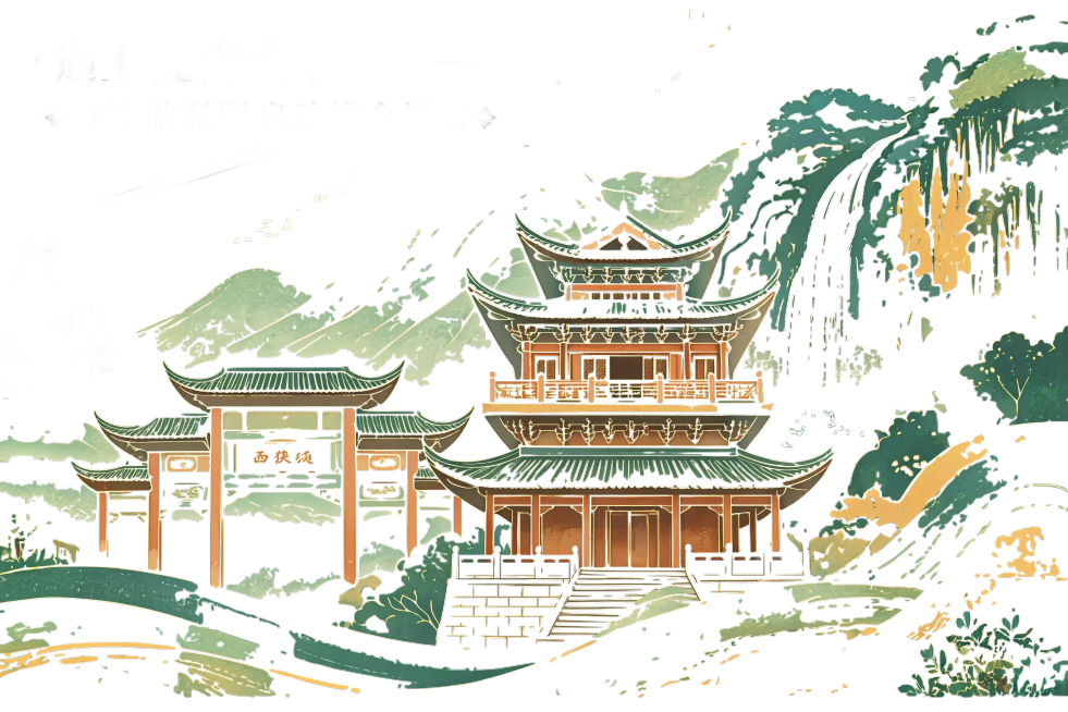 参考第一张图片的国潮敦煌文创配色和插画风格，重新生成第二张图片的内容，保持建筑和山水的构图不变，整体保持国潮插画风格，配色使用绿色和暖黄色，保留文字“遇上陇南山水 市旅游联盟启动推介活动”预览效果