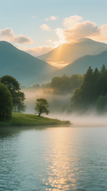 写实风格的户外风景摄影，清晨或黄昏时分，阳光透过云层洒下金色光芒，照亮远处连绵的山峦，近处是波光粼粼的宁静湖泊，湖面上有薄雾缭绕，岸边生长着茂密的树木和嫩绿的草地，天空中飘浮着几朵柔软的云彩，整体色调以清新的蓝绿色和温暖的橙黄色为主，光影对比柔和，画面氛围宁静而富有诗意，构图采用三分法，远景、中景、近景层次分明，展现出大自然的壮美与和谐。预览效果