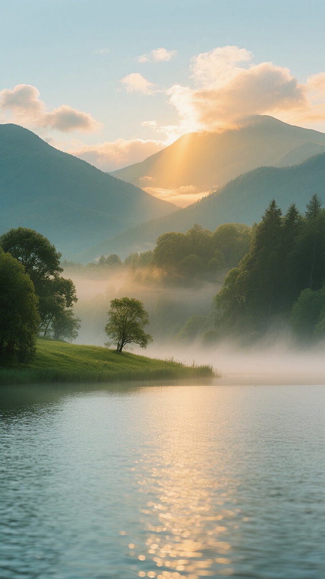 写实风格的户外风景摄影，清晨或黄昏时分，阳光透过云层洒下金色光芒，照亮远处连绵的山峦，近处是波光粼粼的宁静湖泊，湖面上有薄雾缭绕，岸边生长着茂密的树木和嫩绿的草地，天空中飘浮着几朵柔软的云彩，整体色调以清新的蓝绿色和温暖的橙黄色为主，光影对比柔和，画面氛围宁静而富有诗意，构图采用三分法，远景、中景、近景层次分明，展现出大自然的壮美与和谐。