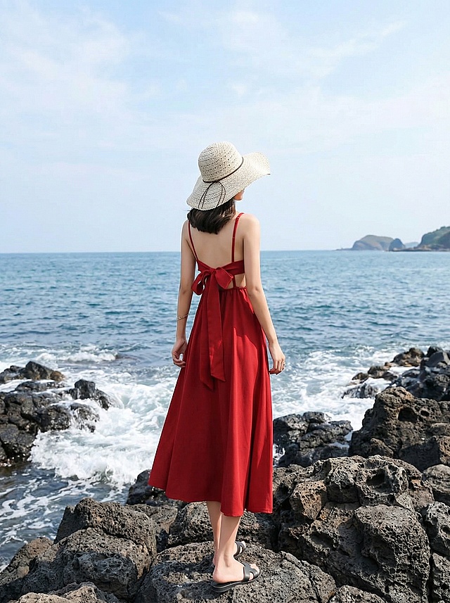 保留红色吊带露背蝴蝶结长款连衣裙的全部细节和款式，更换为不同的原创海边礁石场景，生成独特不重复的商品图，3:4比例