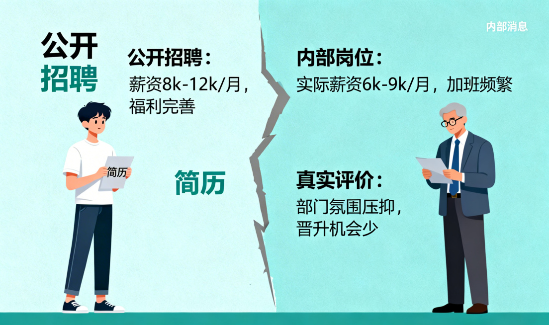 信息差概念可视化插画，一边是公开招聘信息，另一边是隐藏的内部岗位信息和真实公司评价，中间有一道信息差的鸿沟，两边站着不同求职者，简约信息图风格，清晰易懂，适合公众号正文插图预览效果
