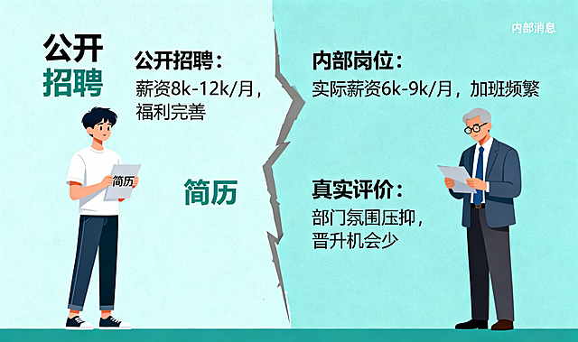 信息差概念可视化插画，一边是公开招聘信息，另一边是隐藏的内部岗位信息和真实公司评价，中间有一道信息差的鸿沟，两边站着不同求职者，简约信息图风格，清晰易懂，适合公众号正文插图