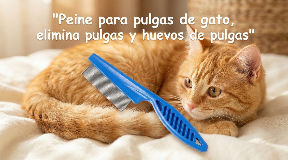 以图中的猫猫跳蚤梳为元素,适用于猫猫的跳蚤梳,用于去除猫猫身上的跳蚤和跳蚤卵,设计6张跟猫猫跳蚤梳有关的图,物体主体特征不变，西班牙语,比例 「16:9」预览效果