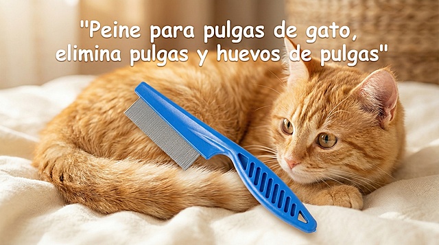以图中的猫猫跳蚤梳为元素,适用于猫猫的跳蚤梳,用于去除猫猫身上的跳蚤和跳蚤卵,设计6张跟猫猫跳蚤梳有关的图,物体主体特征不变，西班牙语,比例 「16:9」