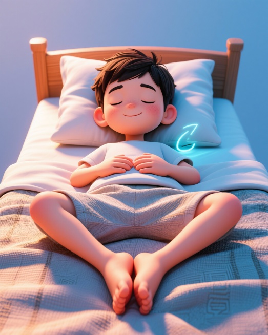 A Chinese boy practicing "Hunyuan lying" posture on bed, feet together soles touching, knees relaxed预览效果