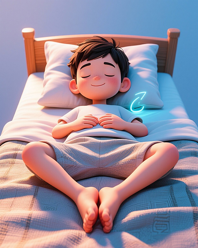 A Chinese boy practicing "Hunyuan lying" posture on bed, feet together soles touching, knees relaxed outward, hands resting gently on abdomen, smiling peacefully in sleep, viewed from 15-degree side angle, clean cutout of entire bed with no background, soft warm lighting, subtle health energy glow around body, simple linen bedding, traditional yet child-friendly style, 3D rendering with soft shadows for depth --ar 4:5