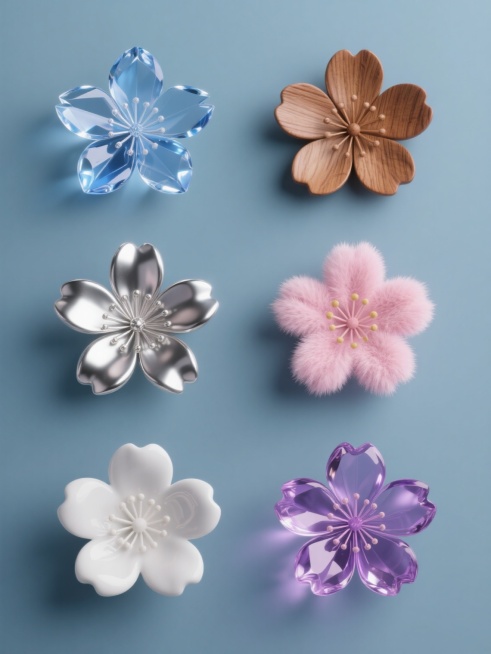 一张纯色背景的图片，画面中规整排布着6个完全不同材质的同元素、同造型的系列樱花素材集合。每个樱花都保持着原有的五片花瓣、花蕊等元素内容，但变换了元素造型和画面整体色彩。第一个樱花是水晶材质，呈现出透明的蓝色，花瓣上有细腻的光泽和折射效果；第二个是木质材质，为温暖的棕色，表面有自然的木纹肌理；第三个是金属材质，闪耀着银色的光芒，具有金属的冷硬质感和反光；第四个是毛绒材质，粉色的花瓣柔软蓬松，带着……预览效果
