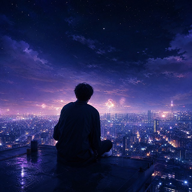 歌曲封面设计，夜晚城市天台场景，一位男歌手坐在高楼天台边缘，背对镜头俯瞰整座城市的夜景，万家灯火如星河般铺展，远处有零星的烟花或城市灯光闪烁，夜空中有淡淡的云层和几颗星星，画面色调以深蓝和紫色为主，点缀着城市的暖黄光点，宁静而深邃的情绪，梦幻感，无任何文字，正方形构图，氛围感极强