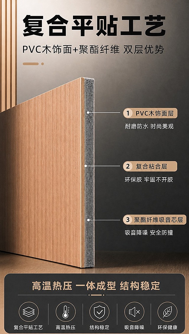 [商品] 参考【图1】的版式、构图、文字布局和深色背景风格，保留所有文字内容和排版位置不变；重点修正木纹颜色和纹理，木纹改为偏红棕色的浅橡木直纹（参考用户之前上传的真实产品图2的木纹色调和纹理走向），板材厚度保持较薄比例，整体结构和分层标注位置不变。
[画面] 目标：修正木纹颜色后的复合平贴工艺页，版式完全沿用原图。构图：竖版9:16，与【图1】完全一致——上方大标题+副标题，中部板材侧立偏左展示，右侧3层引线标注，底部深色信息栏配5个图标；背景深灰渐变+左侧木色装饰条。
[视觉] 套系策略：风格=现代建材工业风商业摄影；标题字=粗黑无衬线黑体；正文字=简洁无衬线中黑体；主色=红棕橡木色；背景延展=深灰渐变背景+左侧木色竖条装饰；强调色=浅金棕，仅用于小面积图标、引线和标签；标题色=黑色；正文色=中暖灰；组件=圆角浅金信息卡、白色细线引线、分层标注框、底部深色信息栏、白色圆形图标；光影=左前侧暖白光，侧光突出厚度层次。
[文字] 顶部主标题「复合平贴工艺」，副标题「PVC木饰面+聚酯纤维 双层优势」；右侧3层引线横排标注：①PVC木饰面层（耐磨防水 时尚美观）、②复合粘合层（环保胶 牢固不开胶）、③聚酯纤维吸音芯层（吸音降噪 安全防撞）；底部深色栏主文字「高温热压 一体成型 结构稳定」，下方5个图标横排：复合平贴工艺、高温热压、结构稳定、吸音降噪、环保健康；文字全部横排，位置与原图一致。
[规格] 图片比例9:16竖版，4K，抖音/快手详情页风格；避免木纹颜色偏差、板材过厚、变形、错字、文字过小、冷蓝背景、结构失真、极限词。