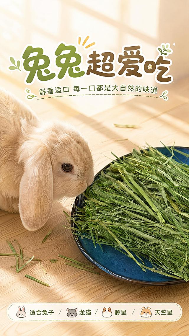 [第3屏] 场景种草页-小宠喂食场景。本屏使用【图9】作为商品主体，深蓝色瓷盘装提摩西草。
[氛围/风格] 温馨治愈宠物风，柔和暖调，生活化场景感，商业摄影质感。
[元素布局] 深蓝色瓷盘提摩西草位于画面右侧，占比约50%；左侧为可爱的垂耳兔子侧脸剪影（浅米色轮廓），正低头靠近草盘；背景为浅木色桌面纹理，上方有柔和的窗格光影；桌面散落几根草叶，增加真实感；草的颜色形态质感与输入图一致。
[光影质感] 左上方窗边柔光，草叶有自然光泽，瓷盘边缘有高光，桌面柔和阴影，整体温暖治愈。
[配色色系] 全局底色 #F1F8E9 浅黄绿渐变；主色草绿色、深蓝瓷盘；辅助色浅木色、米白兔剪影；点缀色暖黄色光斑。
[视角构图] 45°斜俯视，右侧草盘左侧兔子，阅读动线从左到右再到下方文案。
[文字版式] 左上主标题「兔兔超爱吃」，副标题「鲜香适口 每一口都是大自然的味道」，圆润可爱字体；底部信息条「适合兔子 / 龙猫 / 豚鼠 / 天竺鼠」；文字不遮挡草和兔子主体。
[比例分辨率] 9:16 竖版比例，4K分辨率，文字清晰可辨，高清画质。
[负向提示词] 草变形，颜色偏差，兔子形象怪异，水印，文字错乱，产品图模糊。