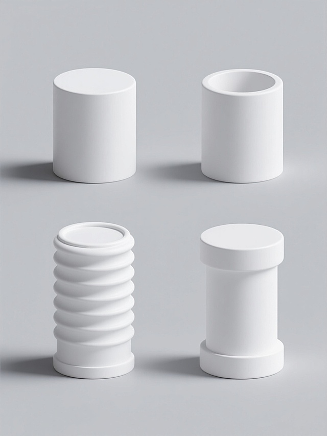四个不同造型的白色圆柱体系列素材集合，保持3D渲染风格，光滑纯白表面，柔和边缘高光，底部轻微阴影，纯色背景，规整排布。第一个圆柱体顶部为平面，第二个圆柱体顶部为内凹弧形，第三个圆柱体侧面有一圈环形凹槽，第四个圆柱体上下两端为圆角设计。每个圆柱体保持相同高度和直径比例，整体呈现简洁、现代、统一的视觉效果。