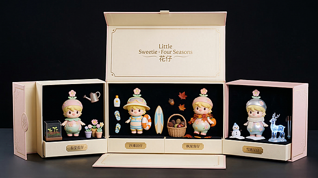 基于图中的花与四季潮玩模型，重新设计潮玩周边礼品礼盒包装，盒子为打开展开的样式，保留原模型中四个角色的发型与衣服不变，可以添加相关配饰，礼盒上带有品牌英文logo"Little Sweetie · Four Seasons"和中文"花仔"，高清商业摄影图